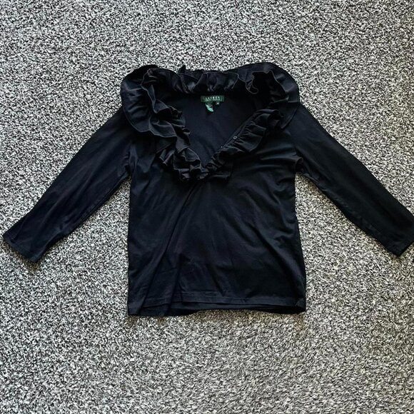 Ralph Lauren Blouse Black Womens Medium Ruffle 100% Cotton Long Sleeve Top - Picture 1 of 8